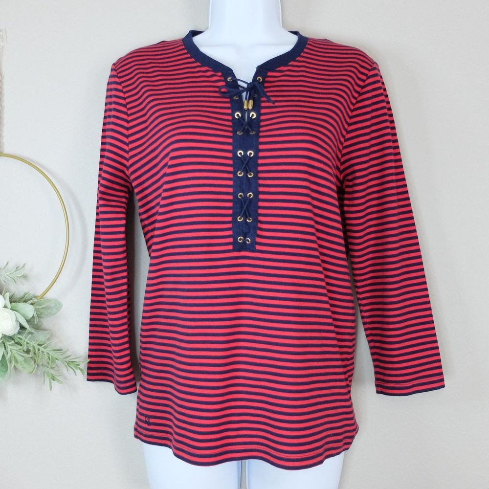 Lauren Ralph Lauren Red Blue Striped 3/4 Sleeves Top Size Large